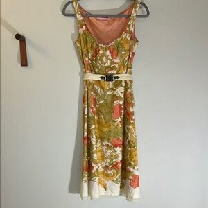 Gianni Bini Linen Floral Midi Dress with Belt - Orange and Green